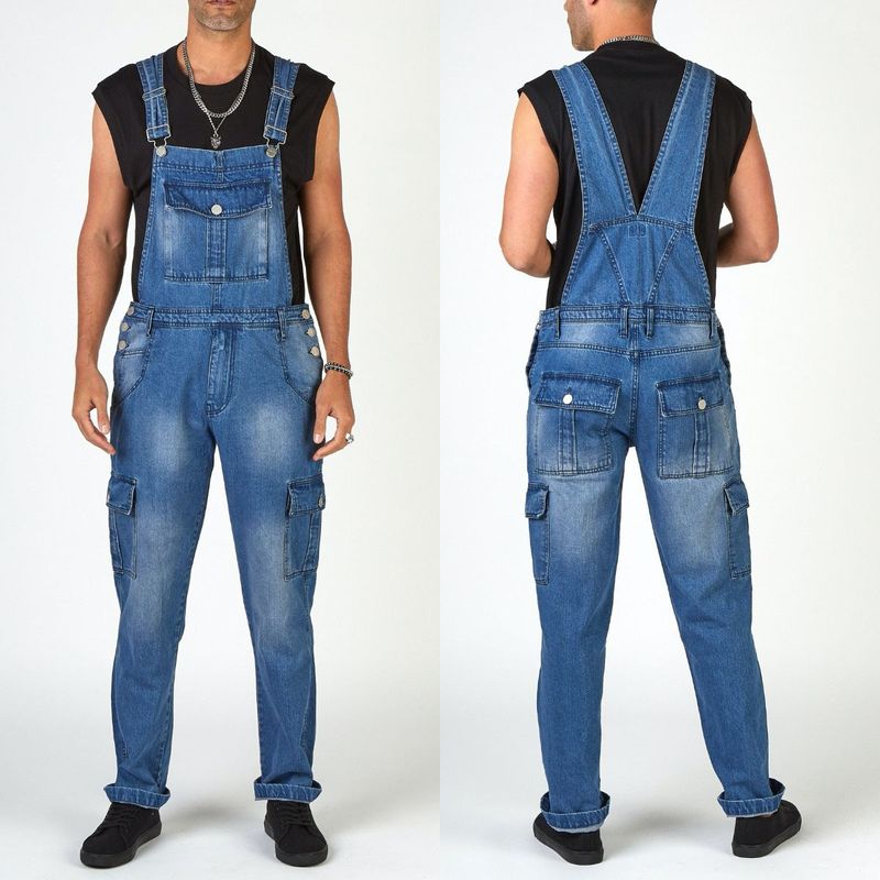 Mono vaquero multibolsillos de hombre con pantalones vaqueros cargo rotos_voghion.com