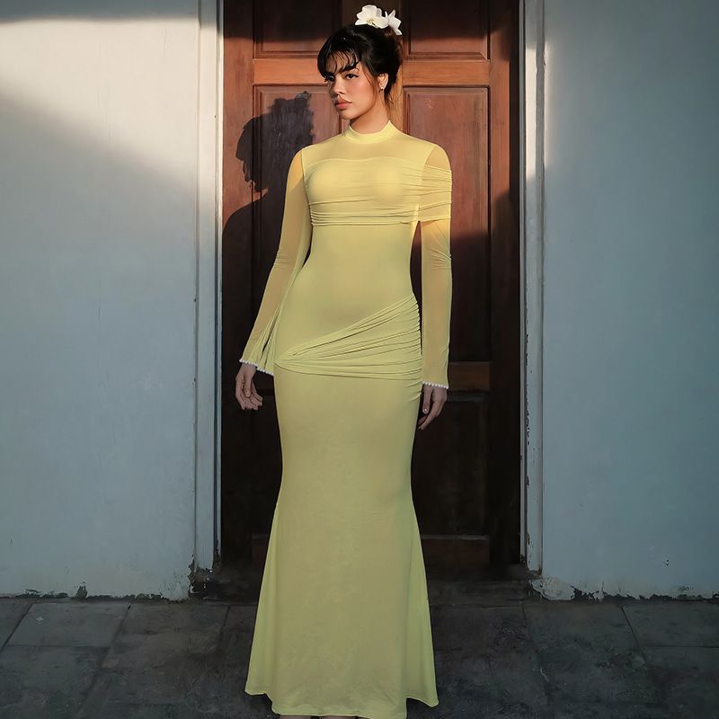 Elegante abito a maniche lunghe con pannello in rete – Abito aderente a vita alta con dettagli trasparenti (S-L, bianco/giallo, femminile e chic)_voghion.com