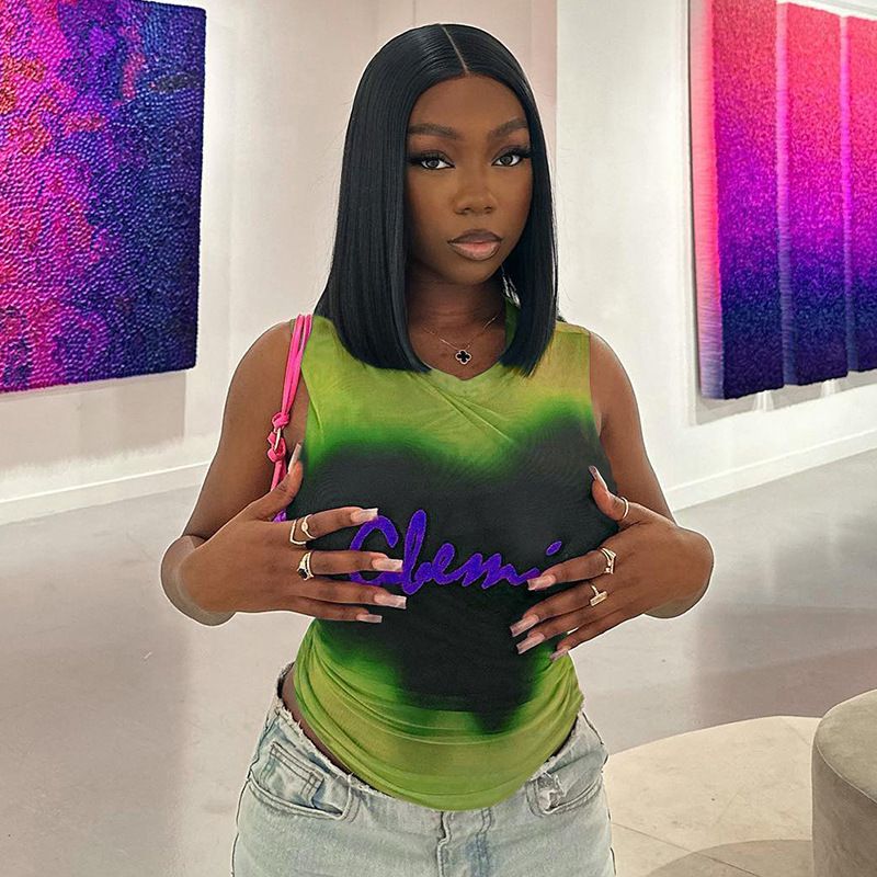 Q23TP185 Maglietta senza maniche con stampa tie-dye, a maniche corte, da donna, estate 2025, nuova moda_voghion.com