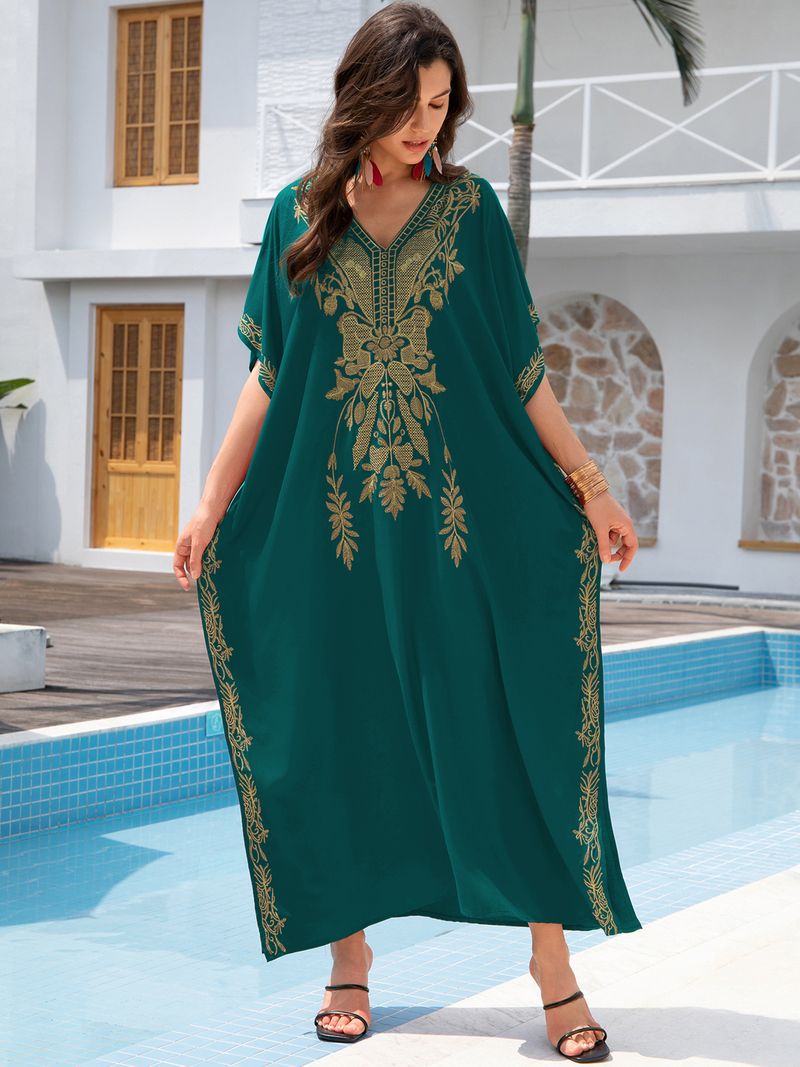 Women's Embroidered Beach Cover-Up – Lightweight Cotton Bikini Robe For Swim & Sun (Red/Black/Kong Blue, One Size)_voghion.com