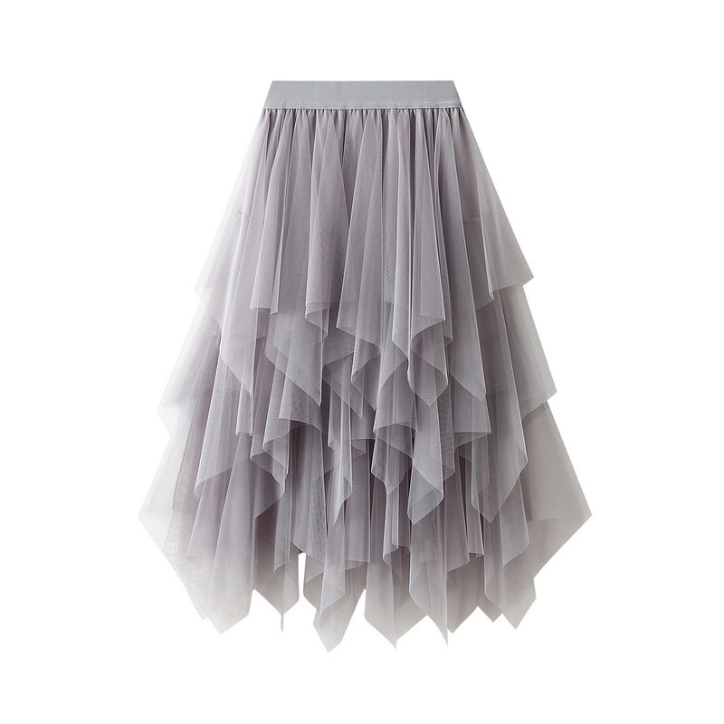 new autumn style temperament high waist slimming super fairy flower bud irregular mesh skirt female 8063_voghion.com