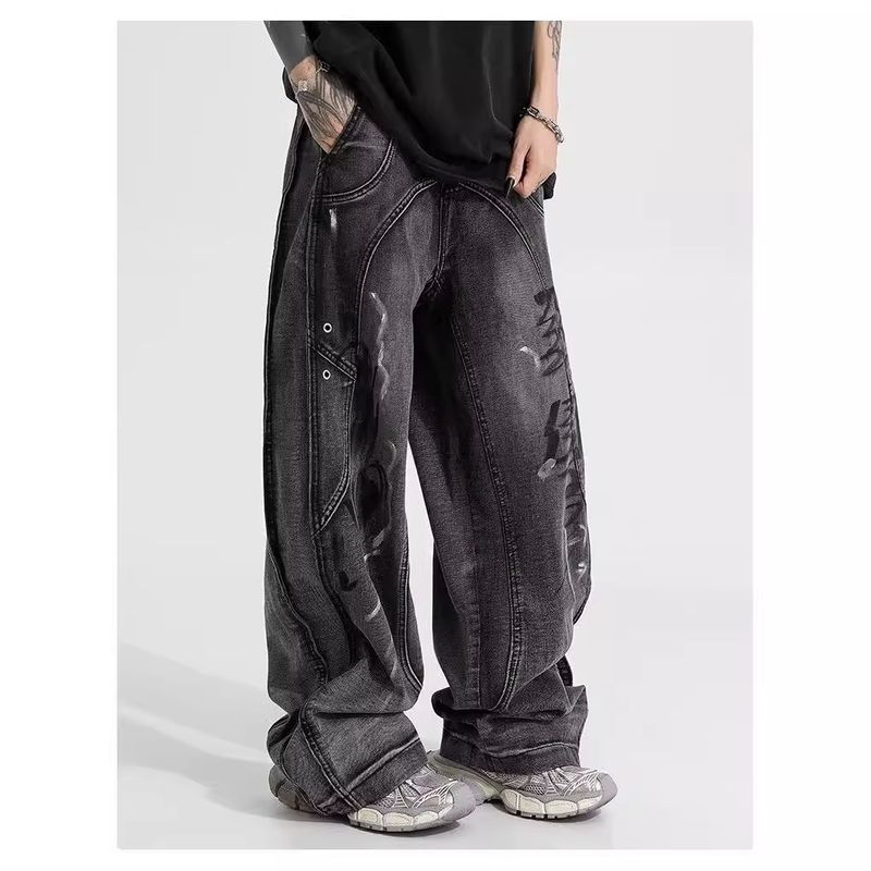 Herrenbekleidung Retro Distressed Stacked Straight Washed Jeans High Street Vibe Design Pocket Casual Overalls_voghion.com