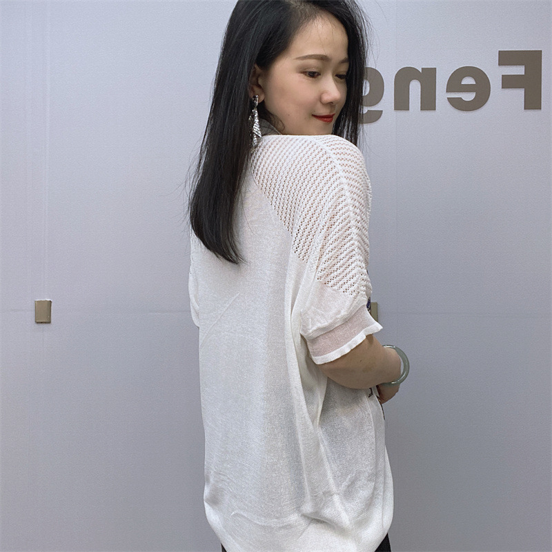 Ropa de mujer, prendas de punto para mujeres gordas mm, camiseta adelgazante de manga corta con escote en V y diamantes calientes_voghion.com