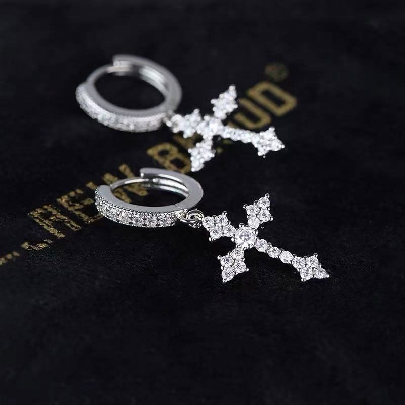 Orecchini a croce in zircone di alta qualità per uomo e donna, eleganti orecchini a clip con vite per donna._voghion.com