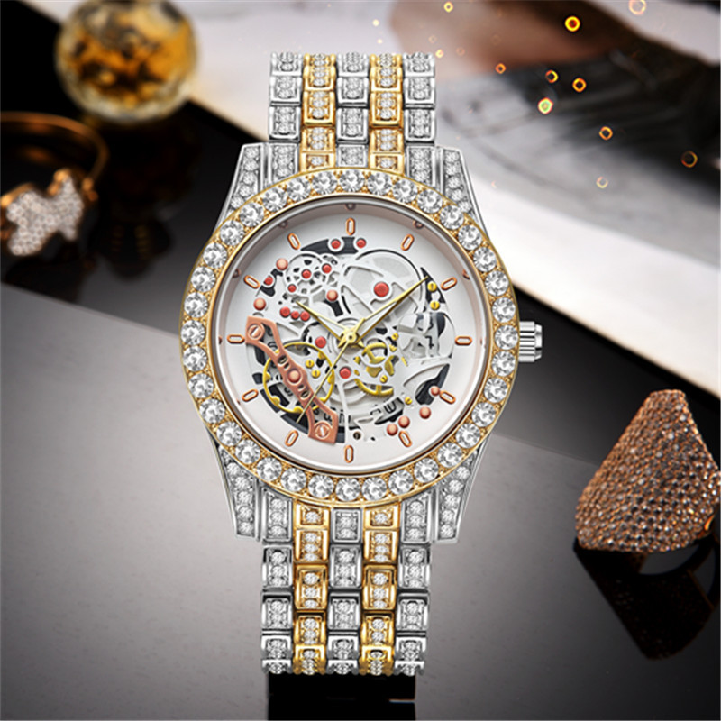 Men's Luxury Hip-Hop Style Quartz Watch With Diamond Accents, Skeleton Dial & Date Display, Stainless Steel Band (Sizes 41mm) Quartz Watch_voghion.com