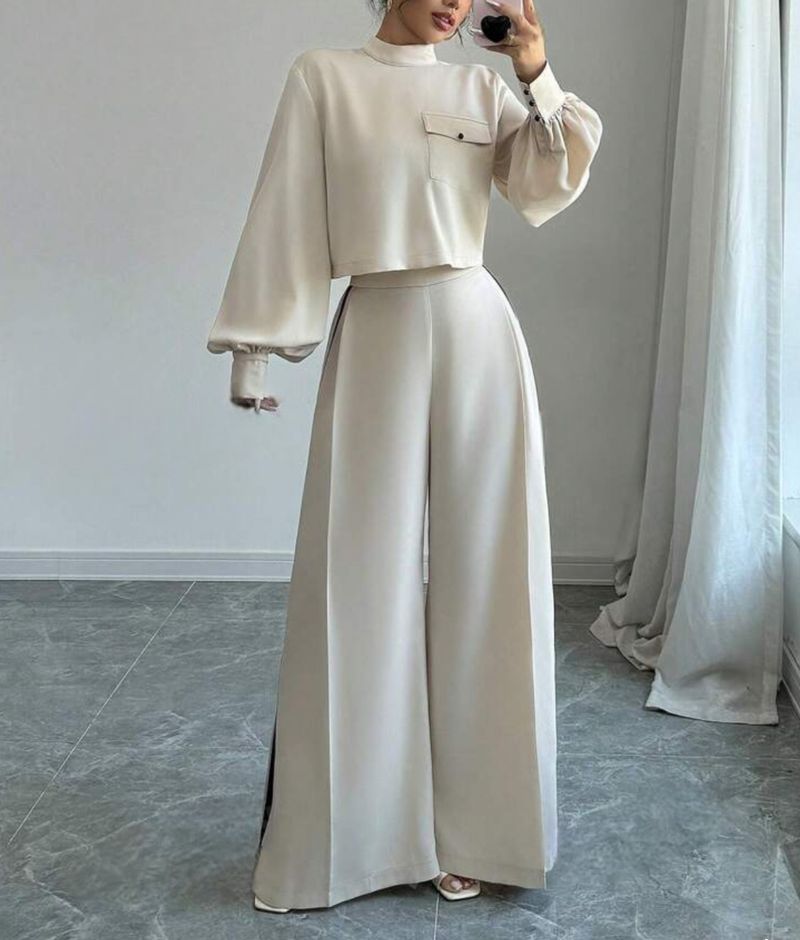 Women's Clothing casual half high collar lantern sleeves fashionable color matching wide leg pants suit_voghion.com