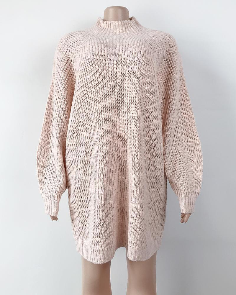 Knitted Sweater Mid-Length Raglan Sleeve Half Turtleneck Sweater Dress_voghion.com