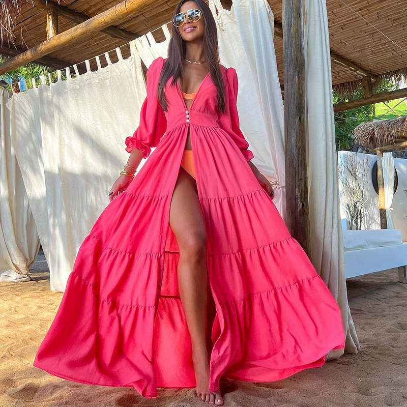 Damen Strand Bikini Jacke Spinning Cover-Up Langer Damen Badeanzug mit Schal_voghion.com