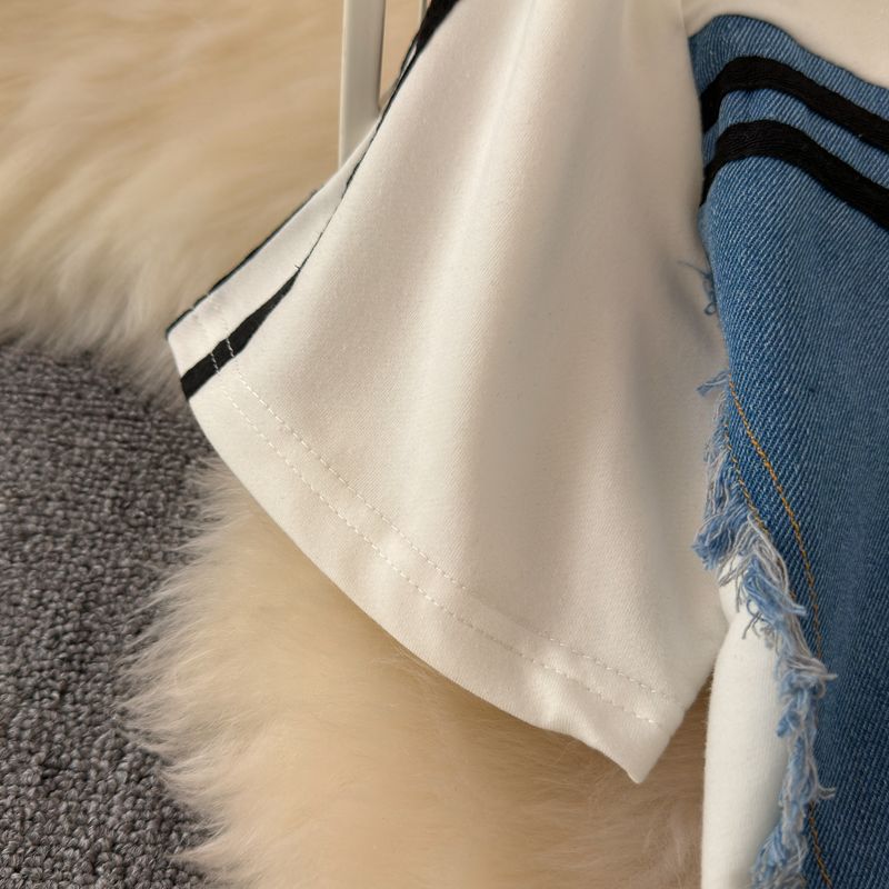 Projekt odzieży damskiej Koszulka z krótkim rękawem Patchwork Denim Top Wysoki stan Swobodne proste spodnie Dwuczęściowy garnitur_voghion.com