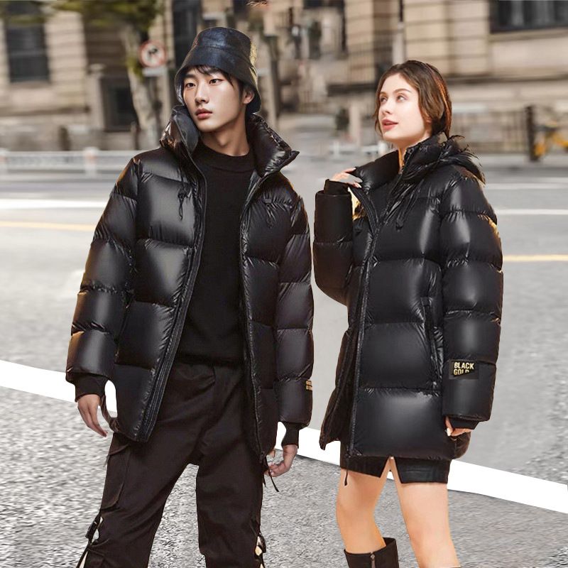 Herrenbekleidung Damen Schwarz-Gold-Gänsedaunenjacke - Warmer Wintermantel mit Kapuze, Kurzer Puffermantel mit abnehmbarer Kapuze, Lockere Passform, Urban Style_voghion.com