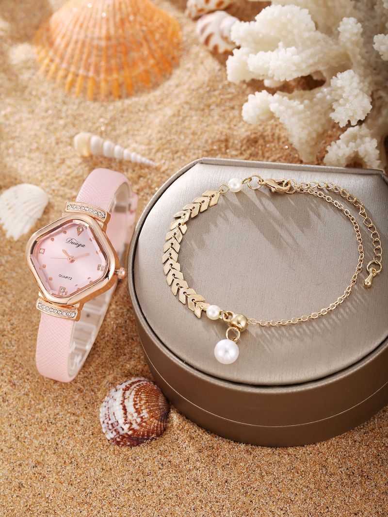 Damenuhr und Schmuckset, zartes süßes quadratisches Zifferblatt, Gürteluhr, Perlenarmband, Legierung, Schmetterlingsschmuckset_voghion.com