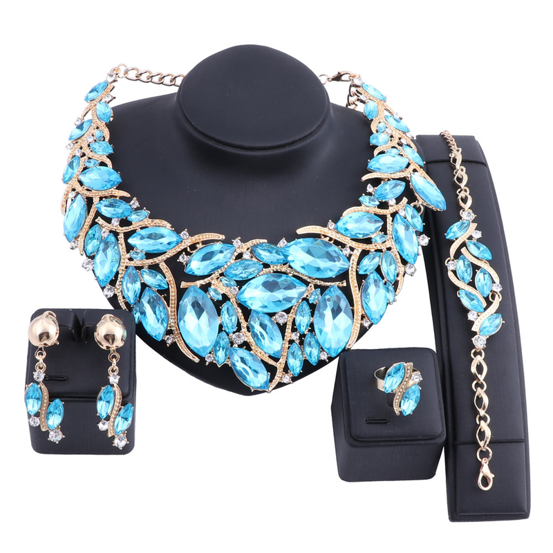 Women Bridal Wedding Party Jewelry Sets Crystal Gem Pendant Necklace Earrings Bracelet Ring Accessories _voghion.com