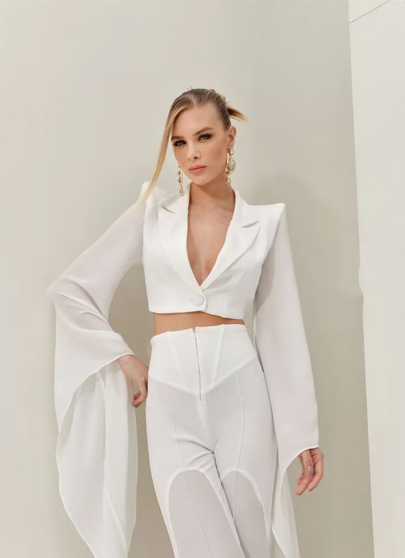 GraceChic European And American Cross-Border Solid Color Large Flare See-Through Small Blazer Suit Two-Piece Set For Women_voghion.com