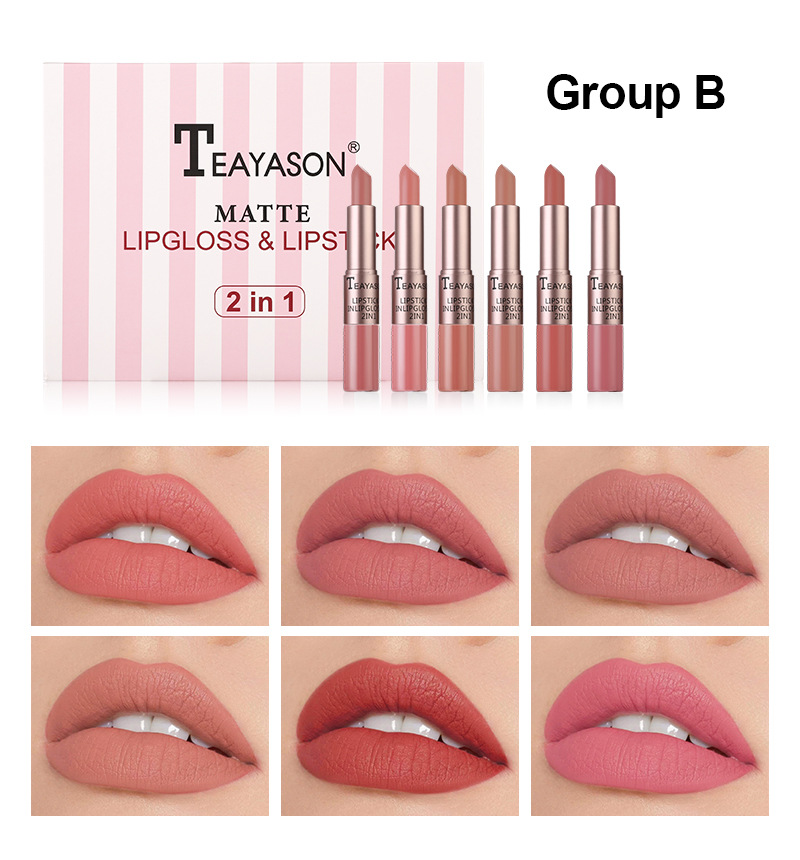 6-Piece Dual-Ended Non-Stick Matte Lip Color Set - Two-in-One Lip Gloss & Lipstick In Nude Mauve Shades, Ideal For Women_voghion.com