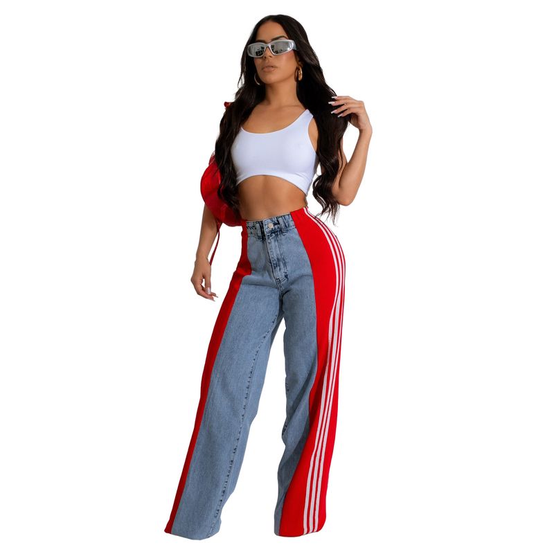 Ropa de mujer Pantalones vaqueros de pierna ancha con tres rayas y empalme de moda de verano Pantalones rectos elásticos de cintura alta informales nuevos para mujer_voghion.com