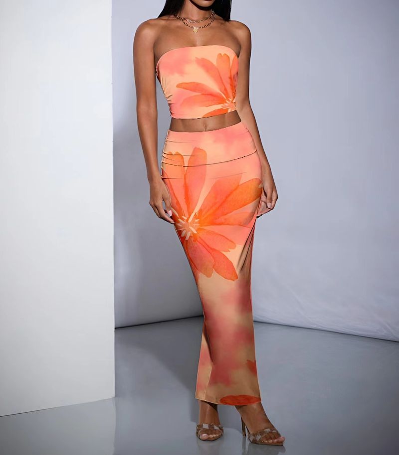 Dameskleding Mode Bloemenprint Multi Color Temperament Slim Fit Tube Top Heup Lange Rok Pak_voghion.com
