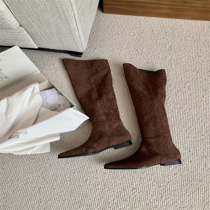 ShoeGlobe Autumn Winter New Square Toe Flat Slip-On Suede Khaki Long Women's Riding Boots_voghion.com