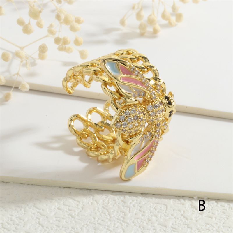 Hip Hop Cuban Chain Zircon Personality Metal Cold Style Atmospheric Wide Version Colorful Drip Oil Bee Ring_voghion.com