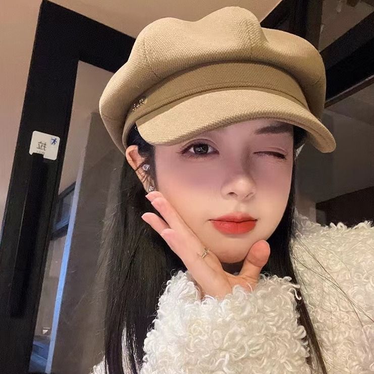 Nuovo berretto da donna, autunno e inverno, snellente, a becco d'anatra, grande circonferenza della testa ottagonale, stile francese,_voghion.com