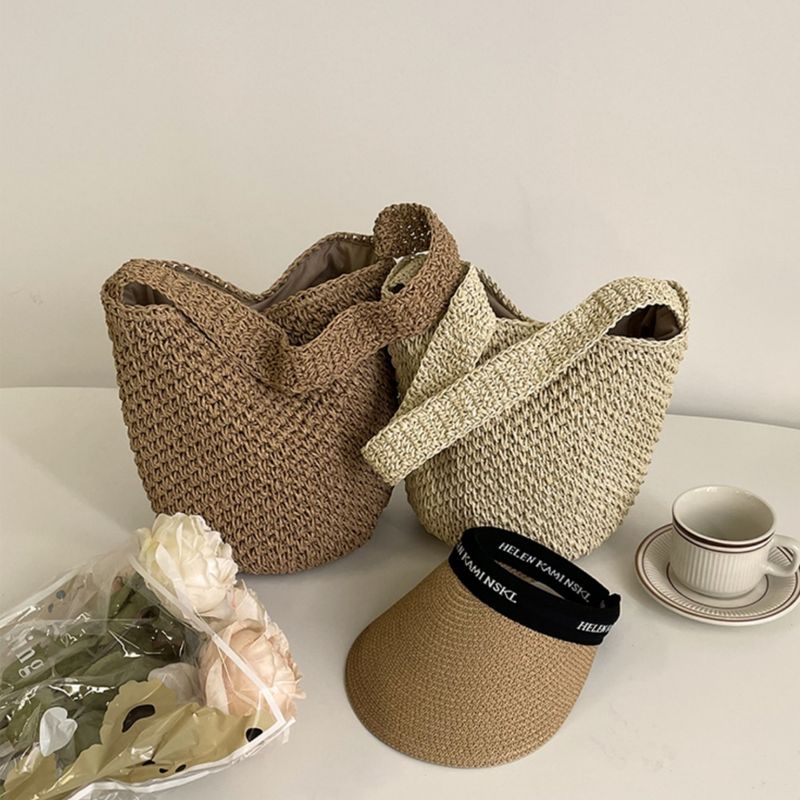 Borsa a secchiello artistica in rattan con tracolla, stile francese, in paglia intrecciata, per donna, estate 2025, nuova borsa da spiaggia per le vacanze_voghion.com