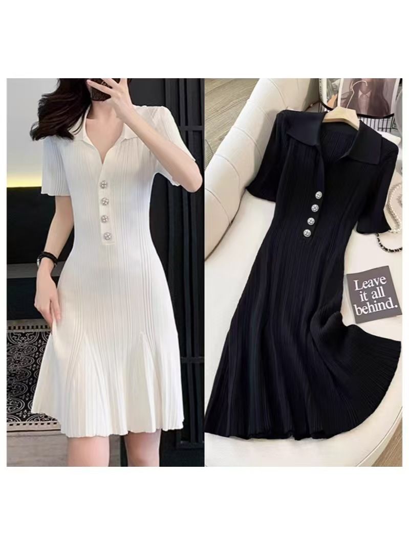 Sommerkleid im französischen Stil mit neuem Design, elastischem, geripptem Umlegekragen, kurzen Ärmeln, schmaler A-Linien-Knopfleiste, Strickkleid für Damen_voghion.com