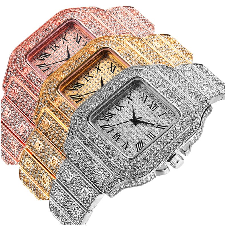 Fashion square diamond full diamond Roman scale quartz watch set 3pcs/set_voghion.com