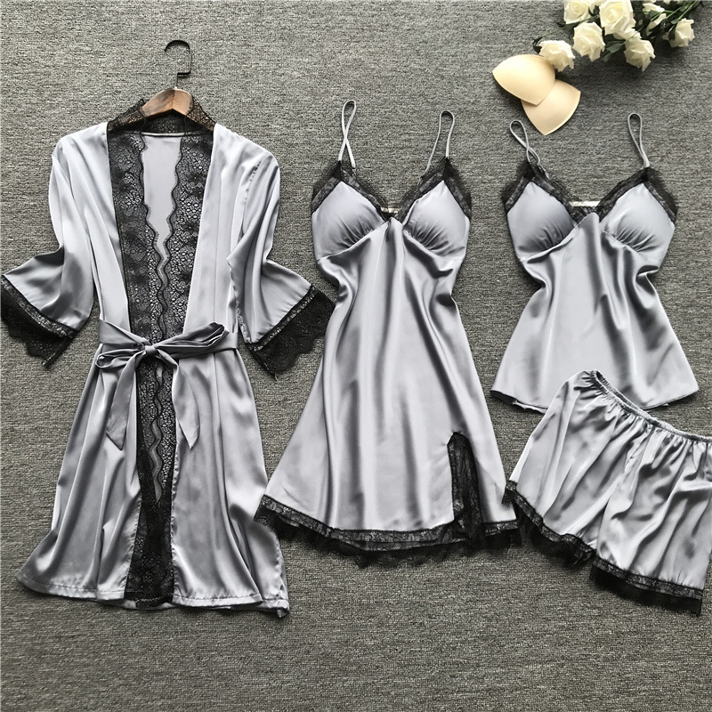 Pijama sexy Midnight Glamour, pijama sexy, conjunto de cuatro piezas, tirantes para mujer con almohadillas para el pecho_voghion.com