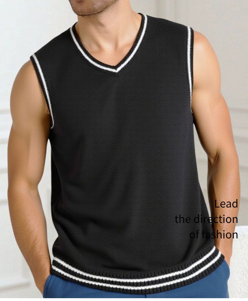 Herrenbekleidung Herren Slim Fit V-Ausschnitt Ärmellose Strickweste – Atmungsaktive Baumwollmischung, Amekaji-Stil, Lässiger Pullover für den Alltag (Schwarz, M-XXL)_voghion.com