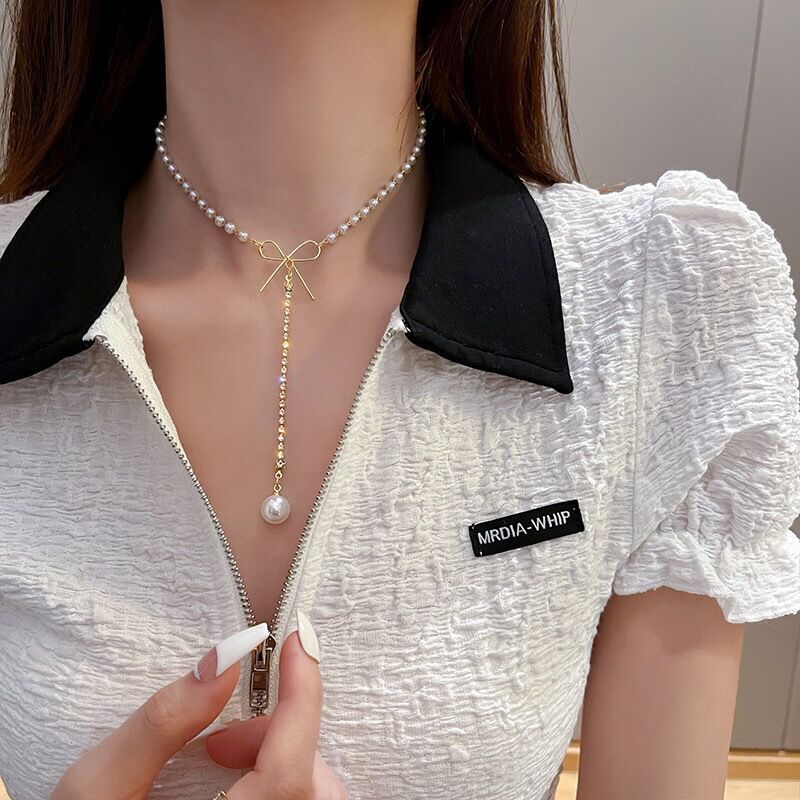 Lagervare pen sløyfe Rhie dusk perle anheng halskjede for kvinner delikat kragebeinkjede minimalistisk choker_voghion.com