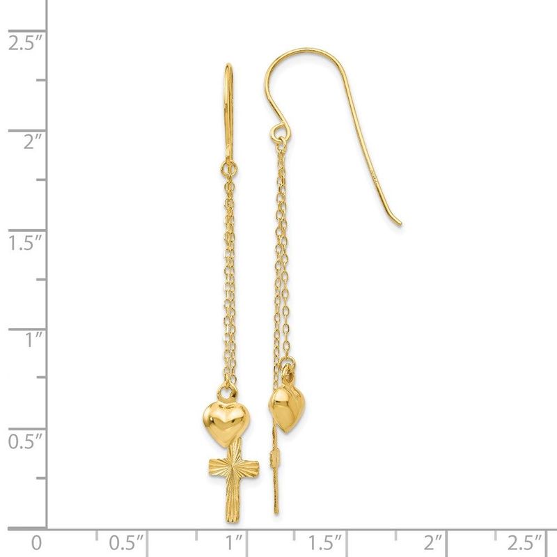 14K Ropa Chain Puffed Heart And Diamond Cut Cross Dangle Earrings_voghion.com