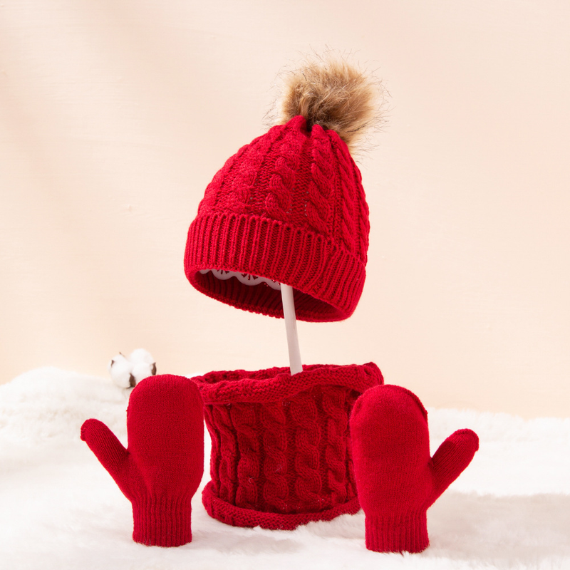 Baby clothing wool monochrome twist warm children's hat scarf gloves two or three sets_voghion.com