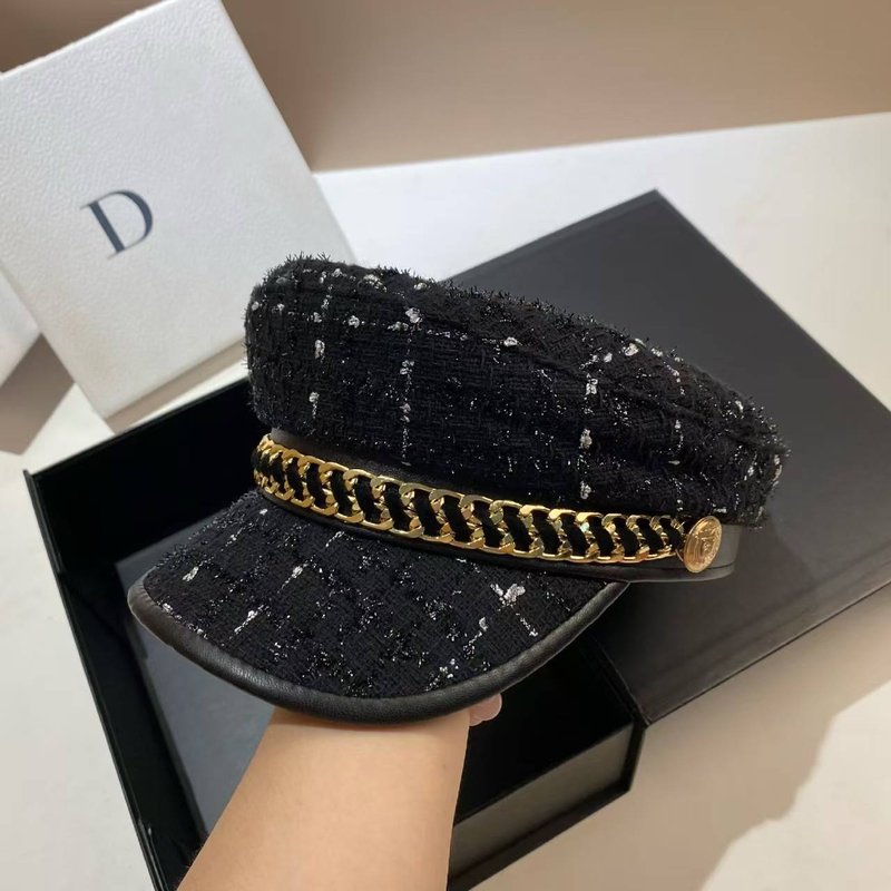 metallkedja Marinblå höst och vinter glänsande siden tjock ylle Mångsidig svart tidningspojkehatt Fashionabla unisex_voghion.com