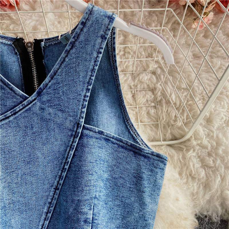 Roupas femininas novas Slim Fit zíper curto Denim camisola duas peças terno irregular fenda quadril saia_voghion.com