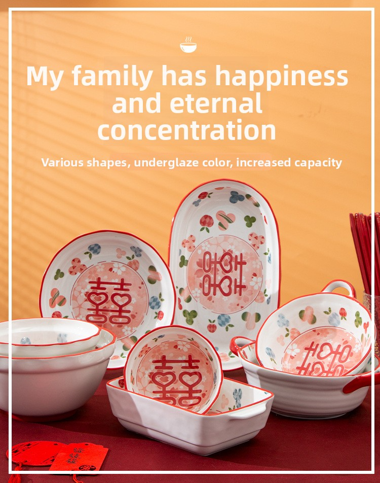 Red Wedding Ceramic Dinnerware Set - Chinese Style Lucky Bowls & Plates For Newlyweds (12-Piece Gift Set)_voghion.com