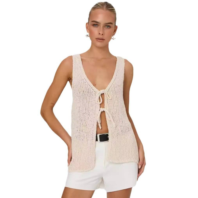 Gilet d'été sexy en tricot à col en V pour femme, ouvert sur le devant, sans manches, noué à la taille, en polyester doux, décontracté et élégant, S/M/L (noir, beige)_voghion.com