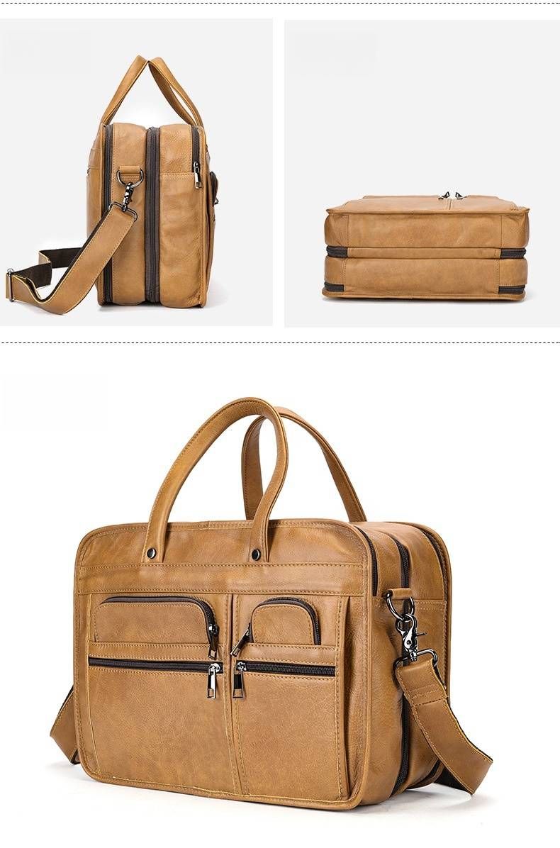 Premium Genuine Leather Briefcase For Men - Professional & Casual Use, Expandable Design, Spacious Interior Fits 14-Inch Laptop, Multiple Pockets_voghion.com