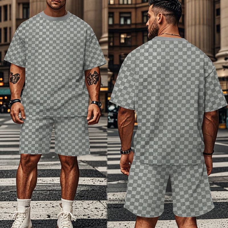 2024 Men's Summer New Jacquard Plaid Short Sleeved T-shirt Loose Oversized Straight Leg Casual Shorts Set_voghion.com
