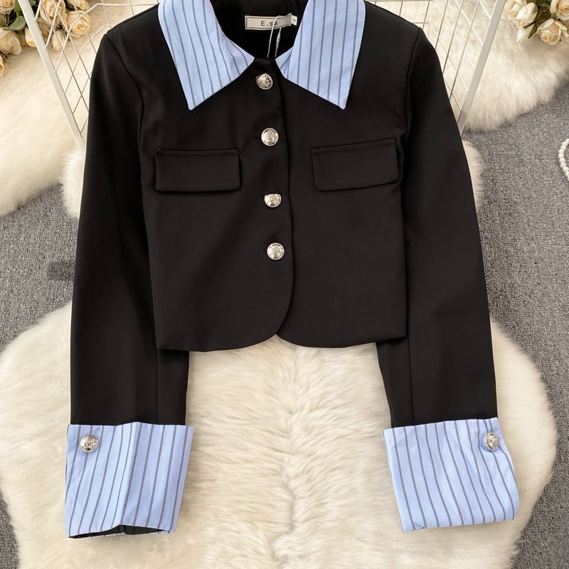 Damenbekleidung Modischer Anzug für Damen, damenhaftes Temperament, gestreifte Anzugjacke mit Spleiß, zweiteiliger Anzug, A-Linien-Rock mit hoher Taille_voghion.com