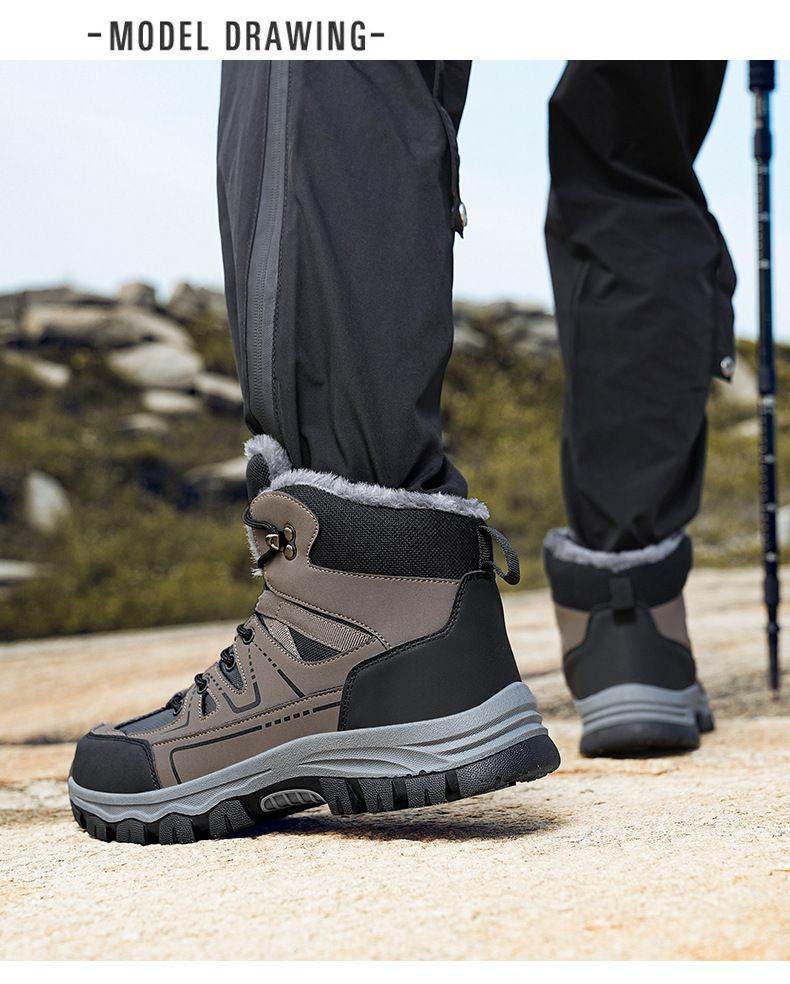 Large size winter men's outdoor leather hiking shoes with plush insulation large cotton snow boots_voghion.com