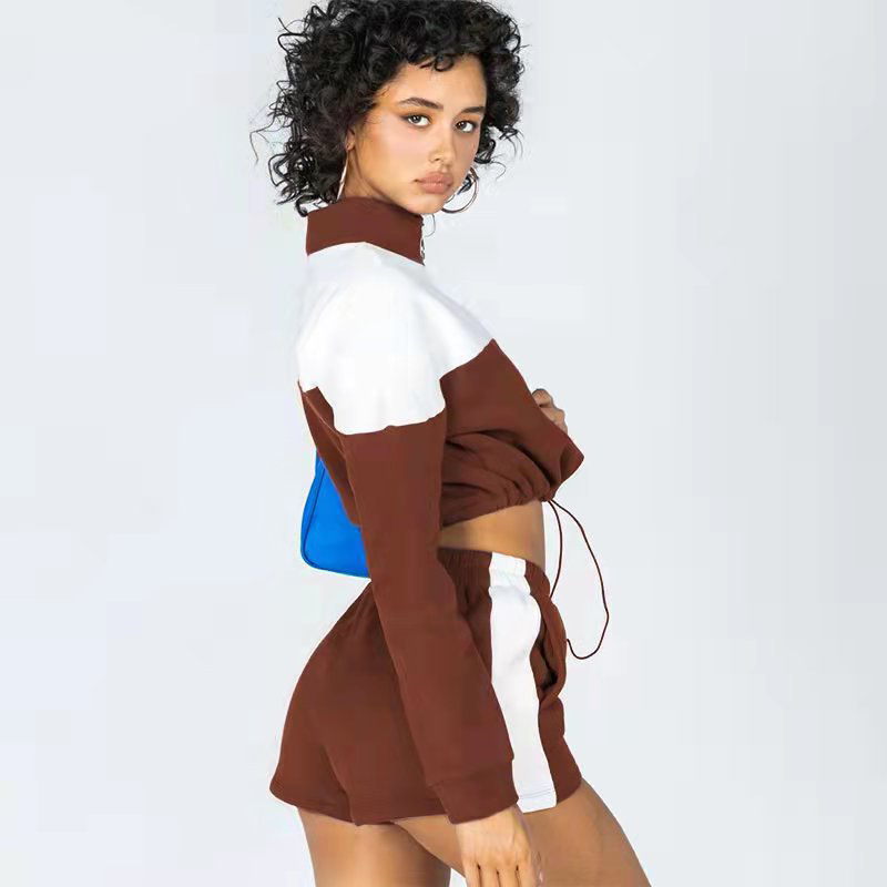 Women's Clothing color-blocked drawstring casual shorts women's sweatshirt set two-piece set_voghion.com