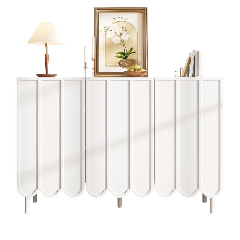 Buffet blanc moderne avec portes ondulées, 120 x 35 x 80 cm, design sans poignées, étagères réglables, meuble de rangement pour salon, couloir et salle à manger._voghion.com