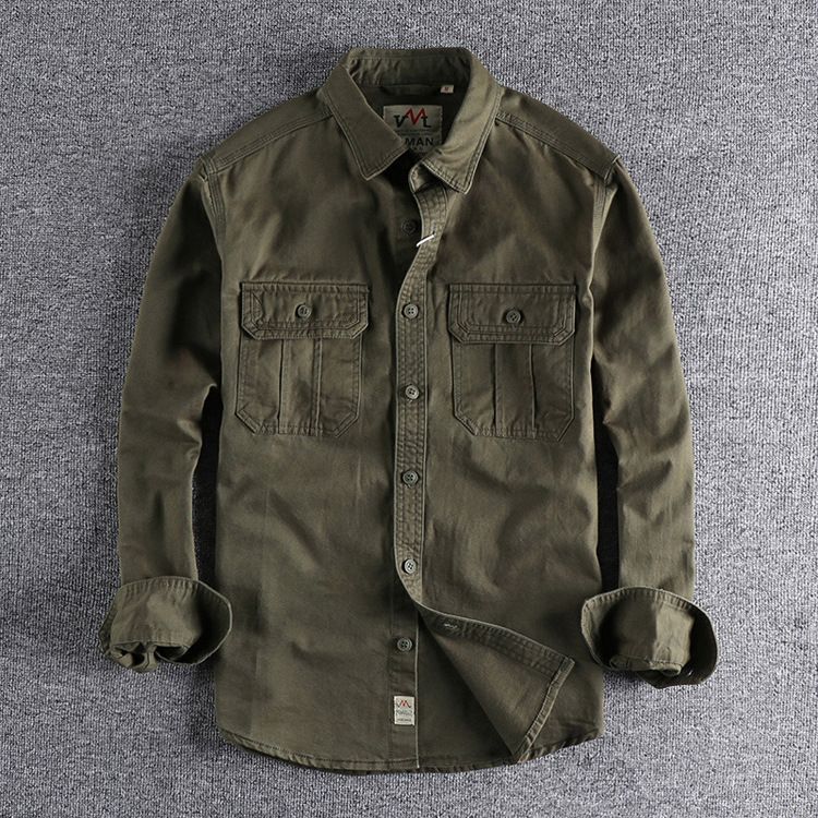 Herrenbekleidung, Arbeitskleidung, Hemdjacke mit mehreren Taschen, schlicht, verwaschen, im Used-Look, vielseitiges Langarmhemd, lässige Oberteile_voghion.com