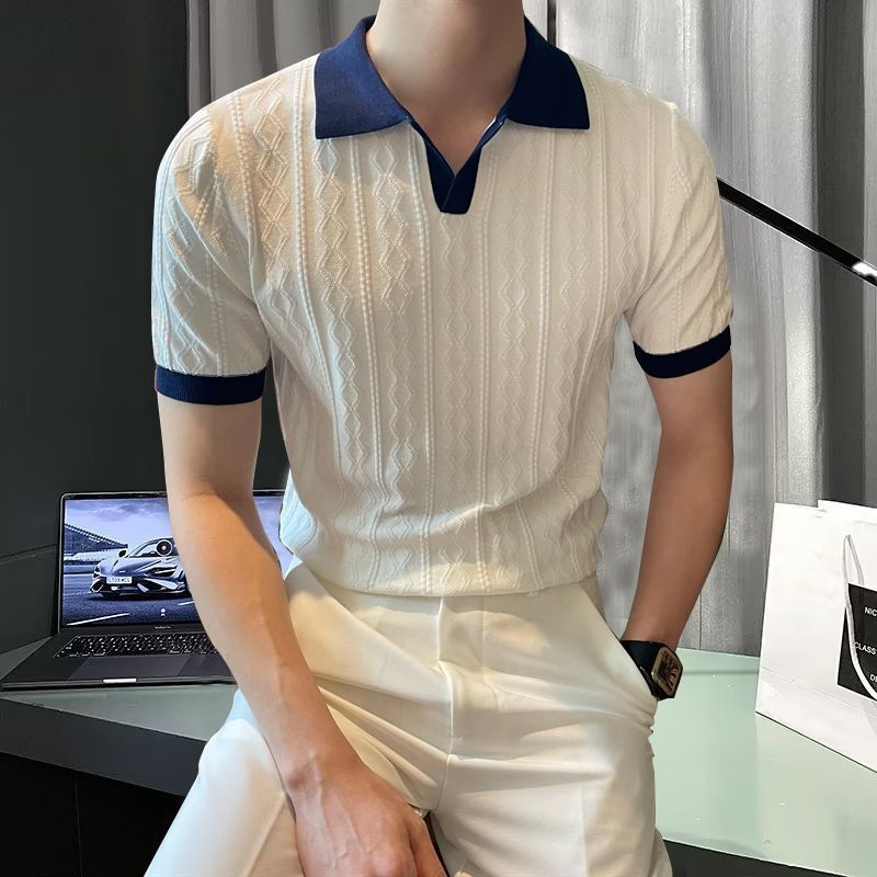 Männerkleeder Summerpoloshirt fir Männer, villsäitegt britescht, schlank gestrickt, kuerzärmlech, reverséiert T-Shirt mat Retro-Nähten a Kontrastfaarwen_voghion.com