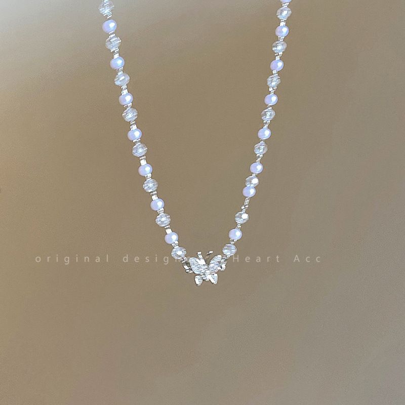 Parel kristal vlinder ketting vrouwen zomer licht luxe niche ontwerp sleutelbeen ketting choker nek ketting_voghion.com