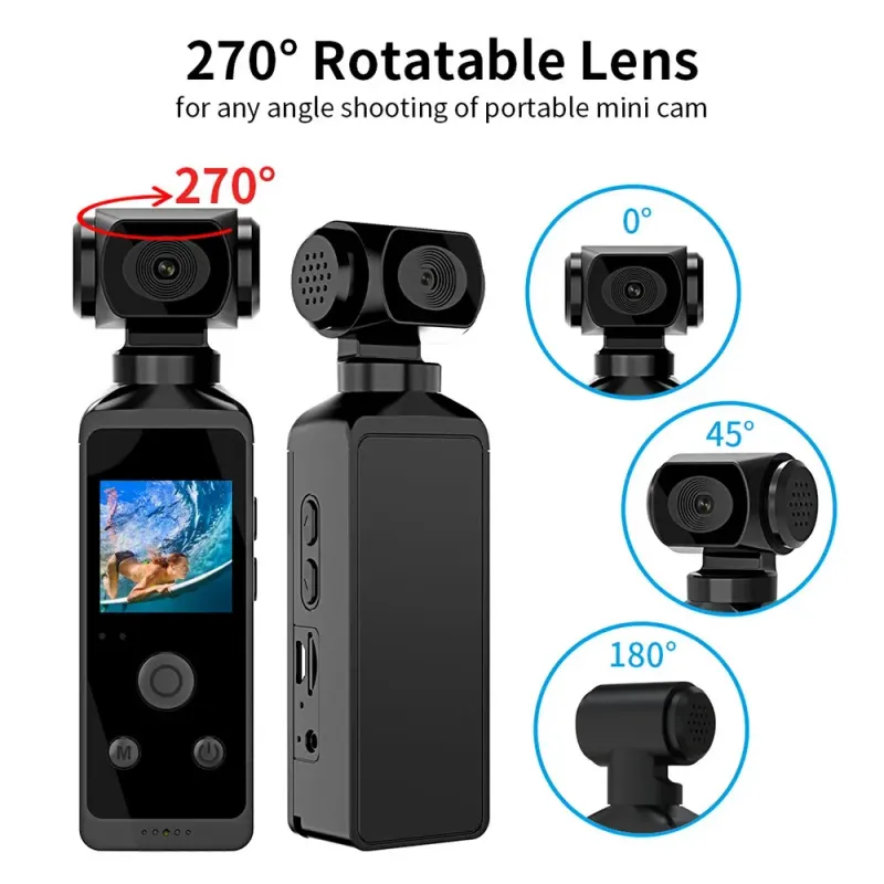 Câmera de ação de bolso 4K Ultra HD 270° rotativa Vlog Wifi Mini Sports Cam Capacete à prova d'água Viagem Bicicleta Motorista_voghion.com