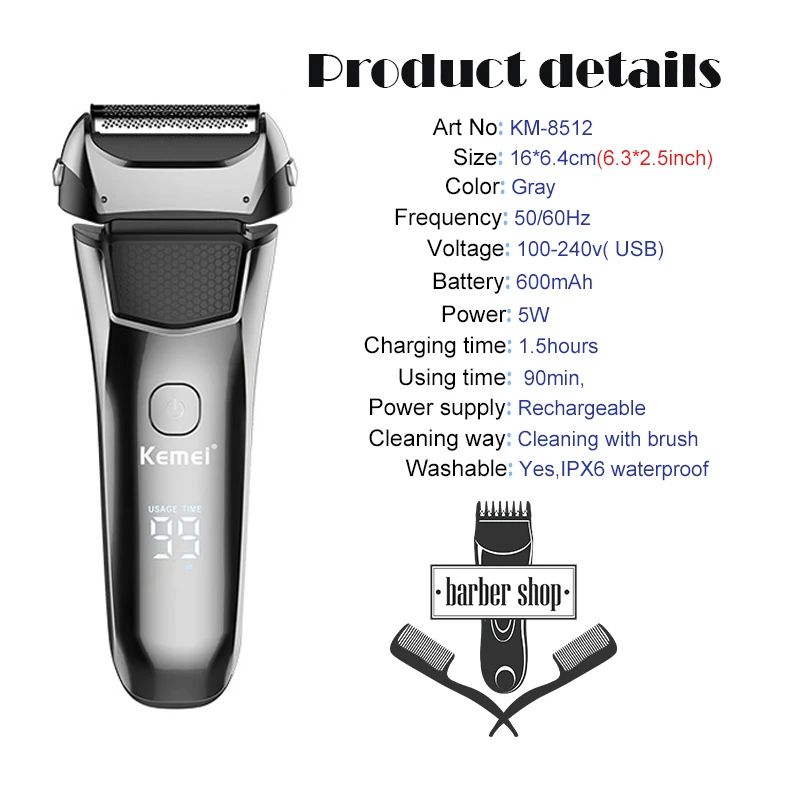 Kemei km-8512 elektrische baard oplaadbare scheermachine voor mannen waterdicht met LCD-scherm Scheerapparaten voor kaalheid trimmer_voghion.com