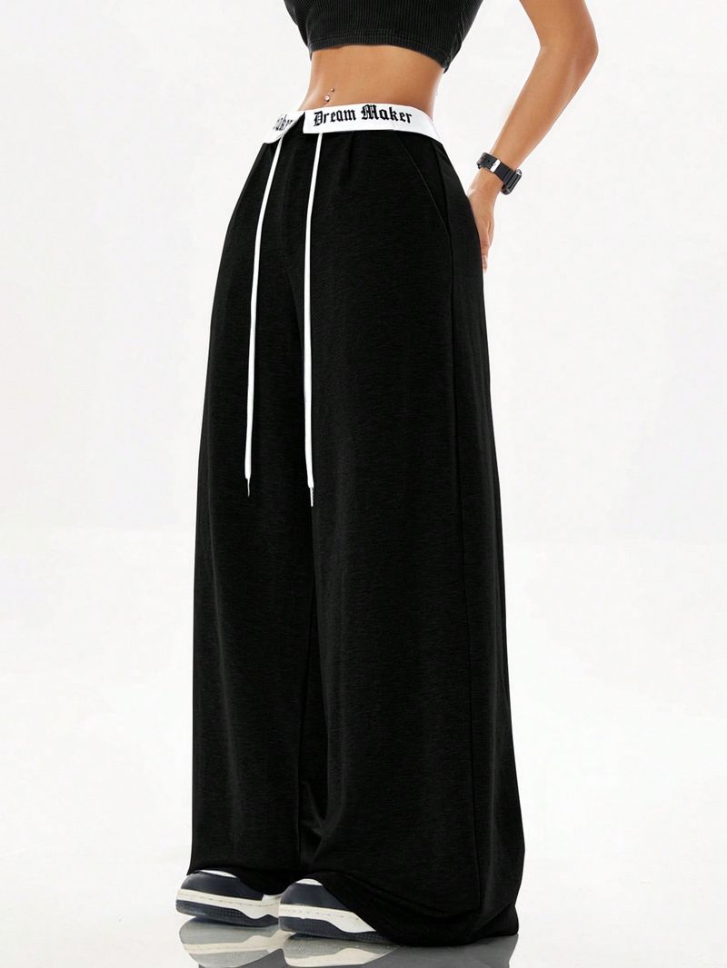 "Women's Loose Fit Casual Trousers With Contrast Letter Print - Breathable Polyester Summer Pants For Comfortable Everyday Wear"_voghion.com