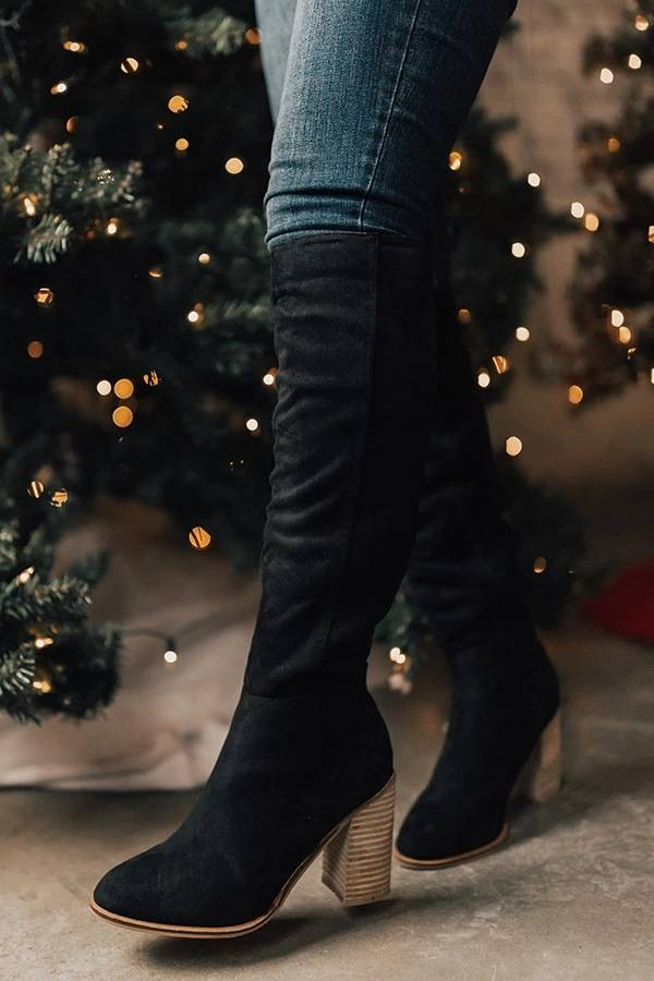 Stivali alla moda da donna in pelle scamosciata con tacco spesso, taglie forti, con cerniera laterale e punta, colore unito, 2024_voghion.com