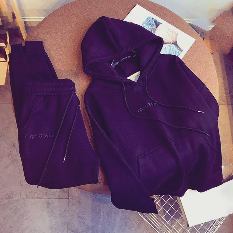 Ropa de mujer Otoño e invierno Sudadera con capucha de terciopelo grueso Traje de dos piezas de estilo occidental de moda de ocio deportivo con letras_voghion.com
