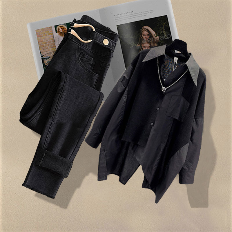Dametøj Ny stil Moderigtigt Patchwork-skjorte Top Slim All Match Jeans Todelt jakkesæt Trendy_voghion.com